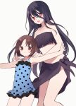  2girls absurdres anetai_toyone bikini black_bikini black_hair black_sarong blue_swimsuit bob_cut brown_eyes brown_hair closed_mouth frilled_swimsuit frills fringe_trim hair_between_eyes hands_on_another&#039;s_shoulders height_difference highres itsumi_(itumiyuo) kakura_kurumi looking_at_viewer multiple_girls one-piece_swimsuit open_mouth polka_dot polka_dot_swimsuit red_eyes saki sarong short_hair simple_background smile standing strapless strapless_bikini swimsuit white_background 