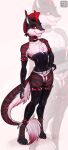  2021 anthro armwear black_corset black_elbow_gloves chastity_belt chastity_device clothing collar corset elbow_gloves female gloves handwear hi_res lingerie lock moddish mohawk padlock red_eyes sergal simple_background skylar_(skylar_treue_ernsthaft) spiked_collar spikes standing topwear white_background 