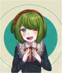  1girl :d ;d bangs blush danganronpa_(series) danganronpa_another_episode:_ultra_despair_girls english_commentary green_eyes green_hair hairband hands_up lilshironeko long_sleeves looking_at_viewer one_eye_closed open_mouth pale_skin red_hairband red_neckwear red_ribbon ribbon short_hair smile solo towa_monaka upper_body 