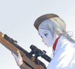  1girl absurdres blonde_hair blue_eyes bolt_action braid eyelashes freckles garrison_cap gun hat highres hood hooded_jacket imo_cyber jacket long_hair military military_uniform mosin-nagant original profile rifle scope single_braid sky sniper_rifle soldier solo uniform upper_body weapon winter_clothes winter_uniform world_war_ii 