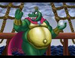 2019 4_fingers anthro belly biceps big_belly biped cape cape_only claws clothing cloud crocodile crocodilian crocodylid crown digital_media_(artwork) donkey_kong_(series) doubleddraws fangs featureless_crotch finger_claws fingers fist green_body green_scales holding_object king king_k._rool kremling male mostly_nude musclegut muscular muscular_anthro muscular_male navel nintendo open_mouth open_smile outie_navel outside overweight overweight_anthro overweight_male pecs plantigrade reptile royalty scales scalie sea sharp_teeth ship sky smile solo standing teeth thick_thighs tongue vehicle video_games water watercraft white_claws 