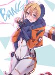  1girl absurdres apex_legends bangs black_gloves blonde_hair blue_eyes blush bodysuit cowboy_shot finger_gun gloves hair_between_eyes highres hood hood_up jacket lichtenberg_figure looking_at_viewer open_mouth orange_jacket ribbed_bodysuit sa10yul skin_tight smile solo speech_bubble wattson_(apex_legends) zipper zipper_pull_tab 