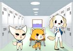  absurd_res aggressive_retsuko ailurid anthro blush borzoi canid canine canis clothed clothing clothing_lift domestic_dog dress dress_lift female fennec fenneko fox fur genitals group hi_res hunting_dog inui_(aggressive_retsuko) konami_yung locker_room mammal navel no_underwear on_model one_eye_closed open_mouth open_smile orange_body orange_fur pussy red_panda retsuko sanrio sighthound smile striped_tail stripes tan_body tan_fur tongue tongue_out undressing wink 