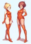  2girls absurdres aomoro arms_at_sides bangs bare_shoulders blonde_hair blue_eyes boots breasts brown_hair closed_mouth commentary covered_collarbone covered_navel crossed_legs dark_skin elbow_gloves full_body gloves groin hair_bun hands_on_hips highleg highleg_leotard highres impossible_clothes impossible_leotard leotard looking_at_viewer medium_breasts megami_device multiple_girls orange_footwear orange_gloves orange_leotard parted_bangs shadow shiny shiny_hair short_hair sidelocks simple_background small_breasts smile sol_hornet sol_road_runner standing thigh_boots thighhighs tsurime watson_cross white_background 