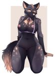  absurd_res anthro areola big_breasts biped breasts canid canine clothed clothing delki female fox fur genitals hi_res mammal multicolored_body nipples partially_clothed pinup pose pussy solo spots spotted_body spotted_fur thick_thighs 