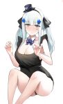  1girl bangs bare_legs black_dress black_headwear black_ribbon blue_hair blue_neckwear bow bowtie breasts cleavage closed_mouth dress eyebrows_visible_through_hair girls_frontline green_eyes hair_ribbon hat hei_d highres hk416_(girls_frontline) legs long_hair looking_at_viewer medium_breasts mini_hat ribbon sitting sitting_on_floor solo thighs twintails white_background 