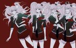  4girls bangs bear_hair_ornament black_bra black_neckwear black_shirt bow bra breasts bunny_hair_ornament cosplay cowboy_shot crown danganronpa:_trigger_happy_havoc danganronpa_(series) dual_persona enoshima_junko enoshima_junko_(cosplay) freckles hair_ornament hands_on_hips highres ikusaba_mukuro long_hair looking_at_another medium_breasts miniskirt multiple_girls necktie pleated_skirt red_background red_bow red_nails red_skirt shaded_face shirt skirt smiel smile spoilers standing twintails underwear vo1ez white_bow white_neckwear 
