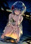 1girl absurdres bare_shoulders bikini blue_eyes blue_hair blush breasts cloud collarbone fireworks flower frown green_bikini hair_flower hair_ornament hair_ribbon halterneck head_rest highres holding holding_sparkler looking_at_viewer natsume_eri night night_sky original outdoors red_flower red_ribbon ribbon sandals short_hair sky small_breasts solo sparkler squatting swimsuit wading wet wet_clothes wet_hair wet_swimsuit 