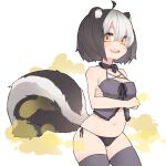  13oooo animal_humanoid black_hair breasts clothing crossed_arms fart fart_cloud female hair hi_res humanoid legwear lingerie looking_at_viewer mammal mammal_humanoid mephitid mephitid_humanoid multicolored_hair simple_background skunk_humanoid smile solo thigh_highs two_tone_hair yellow_eyes 