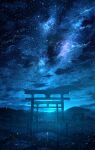  absurdres blue_theme blurry city city_lights cloud commentary dark depth_of_field galaxy grass highres hill light_particles lily_pad milky_way moon moonlight night night_sky no_humans original river scenery shadow signature sky skyrick9413 star_(sky) starry_sky torii water 