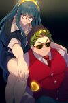  1boy 1girl aviator_sunglasses bangs black_skirt breasts brown_hair cis05 cleopatra_(fate) collarbone collared_shirt dress_shirt earrings fate/grand_order fate_(series) formal green_eyes grin headband hoop_earrings jewelry julius_caesar_(fate) large_breasts laurel_crown long_hair long_sleeves looking_at_viewer necktie pencil_skirt red_vest ring shirt short_hair skirt skirt_suit smile suit sunglasses vest white_shirt 