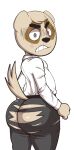  2021 absurd_res aggressive_retsuko anai_(aggretsuko) angry anthro badger big_butt black_nose bottomwear brown_body brown_fur butt butt_focus clenched_teeth clothing cross-popping_vein fist fur grey_bottomwear grey_clothing grey_eyes grey_pants hair hi_res huge_butt japanese_badger jerseydevil looking_at_viewer looking_back male mammal meles mustelid musteline pants polo_shirt raised_tail rear_view sanrio shirt simple_background solo tan_body tan_fur tan_hair teeth thick_thighs topwear torn_bottomwear torn_clothing torn_pants vein white_background 