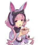  1girl ame8desu animal_ears bangs blunt_bangs bunny_ears cup fake_animal_ears holding holding_cup juliet_sleeves light_blush long_hair long_sleeves looking_at_viewer low_twintails open_mouth orange_eyes original puffy_sleeves purple_hair ringlets simple_background sleeve_cuffs solo tearing_up twintails upper_body upper_teeth white_background 