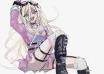  1girl :d ahoge arm_up bangs black_gloves blonde_hair blue_eyes boots breasts choker cleavage commentary_request cross-laced_footwear danganronpa_(series) danganronpa_v3:_killing_harmony fingerless_gloves gloves goggles goggles_on_head grey_background hair_between_eyes highres iruma_miu large_breasts long_hair looking_at_viewer o-ring open_mouth pleated_skirt sailor_collar school_uniform serafuku shirt simple_background sitting skirt smile solo spiked_boots thighhighs tongue tongue_out ze_ro_saiji 