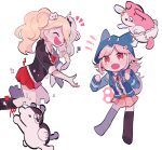  2girls :d animal_bag animal_hood backpack bag bangs black_legwear black_shirt blonde_hair blush brown_skirt cat_bag cat_hood collared_shirt danganronpa_(series) danganronpa_2:_goodbye_despair diaper dress_shirt ear_bow enoshima_junko flipped_hair hair_ornament hairclip highres hood hooded_jacket jacket long_hair long_sleeves looking_at_another medium_hair miniskirt monokuma monomi monomi_(danganronpa) multiple_girls nanami_chiaki necktie open_mouth over-kneehighs pink_bag pink_eyes pink_hair pleated_skirt red_eyes shirt shirt_tucked_in simple_background skirt smile spaceship_hair_ornament ssuk_go thighhighs twintails white_background white_shirt 