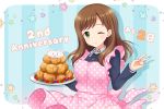  1girl alternative_girls apron arimura_shion blueberry blush breasts cream_puff food food_on_face fruit green_eyes highres holding holding_plate large_breasts light_brown_hair long_hair long_sleeves looking_at_viewer official_art one_eye_closed pink_apron plate polka_dot polka_dot_apron raspberry smile v 