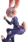  2021 anthro belt buckteeth clothed clothing disney female fully_clothed fur gesture grey_body grey_fur hi_res judy_hopps lagomorph leporid light lighting mammal open_mouth open_smile police_uniform rabbit shaded simple_background sitting smile solo teeth tohupo uniform waving white_background zootopia 