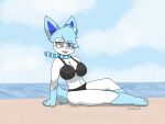  anthro beach bikini bikini_bottom bikini_top biped blue_eyes blue_hair blue_paws blue_tail blush breasts celeste_(seabass) cleavage clothed clothing eeveelution eyewear female fur glasses hair hi_res nintendo open_mouth pok&eacute;mon pok&eacute;mon_(species) scarf sea seabass seaside shiny_pok&eacute;mon solo swimwear sylveon video_games water white_body white_fur 