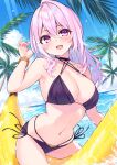  1girl :d armpits banana_boat bangle bare_arms bare_shoulders bikini black_bikini black_choker bracelet breasts choker cleavage collarbone criss-cross_halter cu-no day groin halterneck hand_up hisen_kaede jewelry large_breasts light_rays long_hair looking_at_viewer multi-strapped_bikini navel open_mouth outdoors palm_tree pink_hair purple_eyes side-tie_bikini smile solo stomach string_bikini sunbeam sunlight swimsuit thighs tree water wet yayoi_sakura 