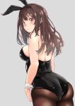  1girl animal_ears arms_at_sides ass back bare_shoulders blush breasts brown_eyes brown_hair bunny_ears cowboy_shot cuffs degicat fake_animal_ears from_behind grey_background highres idolmaster idolmaster_shiny_colors large_breasts long_hair looking_back looking_to_the_side pantyhose playboy_bunny sideboob simple_background solo tsukioka_kogane 