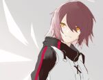  1girl arknights exusiai_(arknights) eyebrows_visible_through_hair ff_frbb122 halo highres jacket looking_away medium_hair multicolored multicolored_clothes multicolored_jacket open_mouth red_hair simple_background smile solo_focus white_jacket yellow_eyes 