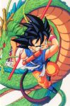  1990s_(style) 1boy black_eyes black_hair dougi dragon dragon_ball dragon_ball_gt holding holding_polearm holding_weapon looking_at_viewer monkey_tail nyoibo official_art polearm retro_artstyle saiyan serious shenlong_(dragon_ball) simple_background solo son_goku spiked_hair tail twisted_torso weapon white_background wristband 