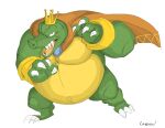  2018 absurd_res anthro belly big_belly canson cape claws clothing crocodilian crown donkey_kong_(series) fangs green_body green_skin hi_res jewelry king_k._rool kremling looking_at_viewer male navel nintendo outie_navel overweight overweight_anthro overweight_male plantigrade pose reptile scalie sharp_teeth simple_background solo teeth video_games white_background yellow_body yellow_skin 