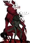  anthro blood blood_on_face blood_on_hand blood_pool bodily_fluids bone claws dark_body dark_skin demon demon_humanoid duo ears_up fur horn humanoid isterika looking_at_another madness male mask red_body red_skin simple_background skull skull_head skull_mask white_background 