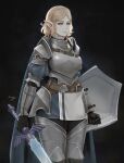  1girl armor armored_boots belt black_background black_gloves blonde_hair boots breastplate breasts cowboy_shot faulds gloves greaves green_eyes highres holding holding_shield holding_sword holding_weapon kumanz large_breasts master_sword plate_armor pointy_ears princess_zelda shield shoulder_armor signature simple_background solo spaulders sword the_legend_of_zelda the_legend_of_zelda:_breath_of_the_wild thigh_boots thighhighs weapon 