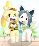  animal_crossing blush bottomless canid canine canis casual_exposure casual_nudity clothed clothing domestic_cat domestic_dog duo felid feline felis female female/female footwear genitals isabelle_(animal_crossing) jacket legwear looking_at_viewer mammal nintendo outside panties pussy shirt smiling_at_viewer socks stockings temmie_(undertale) thigh_highs topwear undertale underwear unknown_artist video_games 