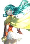  1girl aqua_eyes aqua_hair armor arms_at_sides breastplate cape commentary_request cowboy_shot eirika_(fire_emblem) fire_emblem fire_emblem:_the_sacred_stones gloves gold_armor hair_between_eyes highres long_hair looking_back pleated_skirt rapier red_gloves red_shirt shadow shiny shiny_hair shirt short_sleeves simple_background skirt solo sword thighs translation_request ume_ryou weapon white_background white_skirt 