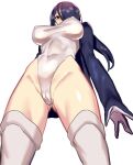  1girl black_hair blush breasts brown_eyes cameltoe covered_navel emperor_penguin_(kemono_friends) gloves hair_over_one_eye headphones highleg kemono_friends leotard long_hair looking_at_viewer simple_background solo thighhighs ukimukai white_background white_legwear white_leotard 