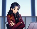  1girl black_hair blurry blurry_background brown_eyes crossed_arms earrings hair_intakes hair_over_shoulder jacket jewelry katsuragi_misato long_hair long_sleeves neon_genesis_evangelion open_clothes open_jacket red_jacket sitting solo upper_body yuzu_hiko_(ruffle-ponzu) 