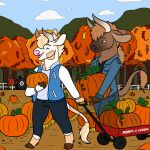  2018 anthony_(goldiescales) anthro autumn blue_clothing blue_jacket blue_topwear bovid bovine brown_hooves cattle clothing cloud detailed_background duo food fruit goldiescales hooves horn jacket male mammal open_mouth outside plant pumpkin sky smile standing topwear tractor trans_(lore) trans_man_(lore) tree 