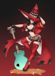  1girl absurdres bangs belt_buckle boots buckle electric_guitar guilty_gear guilty_gear_strive guitar hat highres i-no instrument jacket midriff red_headwear red_jacket red_legwear short_hair sunglasses thigh_boots thighhighs ultineet venus_symbol witch_hat 