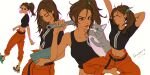  1girl apex_legends barefoot black_shirt brown_eyes brown_hair bubble_blowing cat character_name cropped_shirt dark_skin dark_skinned_female eyebrow_cut green_nails holding holding_tablet_pc holding_wrench iwamoto_zerogo looking_down midriff mole mole_above_mouth multiple_views navel orange_pants pen_to_mouth rampart_(apex_legends) shirt shoes side_ponytail sneakers tablet_pc walking white_background wrench 