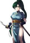  1girl asymmetrical_bangs bangs bare_legs blue_dress blue_gloves breasts closed_mouth commentary_request dress earrings feet_out_of_frame fingerless_gloves fire_emblem fire_emblem:_the_blazing_blade gloves green_eyes green_hair hair_between_eyes high_ponytail highres holding holding_sword holding_weapon jewelry katana large_breasts long_hair looking_at_viewer lyn_(fire_emblem) pelvic_curtain ponytail sash shadow sheath shiny shiny_clothes shiny_skin short_sleeves side_slit simple_background smile solo sword ume_ryou weapon 