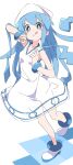  1girl :q blue_eyes blue_hair blush_stickers commentary_request dress hat highres ikamusume ixy long_hair looking_at_viewer shinryaku!_ikamusume shoes simple_background sleeveless sleeveless_dress solo squid_hat standing tentacle_hair tongue tongue_out white_dress white_footwear white_headwear 