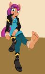  anthro anthrofied bottomwear caroo clothing equid equine feet female fetlocks foot_focus footwear fur hair hasbro horse humanoid_feet jacket looking_at_viewer mammal mlp_g5 my_little_pony pants pony purple_hair sunny_starscout_(mlp) topwear 