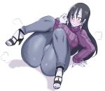  1girl arm_support ass ass_focus black_hair blush breasts closed_mouth earrings embarrassed eyebrows_visible_through_hair facial_mark fingernails full_body genderswap genderswap_(mtf) hair_between_eyes high_heels jewelry large_breasts lightsource long_hair makeup mature naruto naruto_(series) orochimaru pale_skin pants purple_sweater sandals shadow simple_background solo sweater white_background wide_hips yellow_eyes 