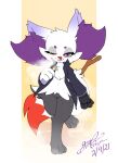  2021 alternate_color anthro biped black_body black_fur braixen canid canine clothed clothing digitigrade dipstick_tail female fur gingy_k_fox inner_ear_fluff jacket mammal multicolored_tail nintendo piercing pok&eacute;mon pok&eacute;mon_(species) prosthetic purple_body purple_fur red_body red_fur signature simple_background smoke solo topwear tuft vape video_games white_body white_fur yellow_background 