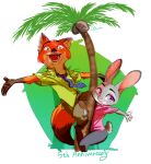  2021 absurd_res anthro bottomwear canid canine clothed clothing disney duo female fox fully_clothed fur gradient_background green_background grey_body grey_fur hi_res judy_hopps lagomorph leporid male mammal necktie nick_wilde orange_body orange_fur palm_tree pants plant rabbit red_fox shirt simple_background topwear tree white_background zigrock001 zootopia 