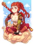  1girl armor bare_shoulders blue_sky body_fur breasts cleavage closed_mouth cloud collarbone english_commentary fur genderswap genderswap_(mtf) journey_to_the_west monkey_tail red_eyes red_hair sieyarelow sitting sky smile solo staff sun_wukong tail tail_hold 