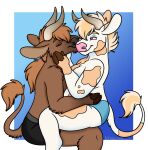  2019 anthony_(goldiescales) anthro black_nose blue_background border bovid bovine breasts cattle duo female goldiescales hi_res kissing male mammal pink_nose simple_background smile trans_(lore) trans_man_(lore) white_border 