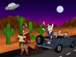  ! 2018 anthony_(goldiescales) anthro bovid bovine cactus canid canine canis cattle coyote detailed_background duo full_moon goldiescales horn male mammal map moon night outside plant story story_in_description trans_(lore) trans_man_(lore) ufo vehicle wheel 