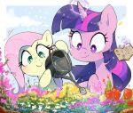  2021 book cloud day duo equid equine female feral flower fluttershy_(mlp) friendship_is_magic green_eyes hair hi_res horn long_hair mammal my_little_pony nendo pink_hair plant purple_eyes purple_hair smile twilight_sparkle_(mlp) unicorn water 