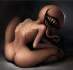  ambiguous_gender avaritia_(ikiki) big_butt big_mouth_(anatomy) black_lips bodily_fluids butt crossed_legs drooling eyeless hand_on_knee hand_on_leg humanoid ikiki kneeling light_body light_skin lips long_tongue looking_back monster monstrous_humanoid nightmare_fuel nude open_mouth rear_view ribs saliva scapula sharp_teeth simple_background sitting slim small_waist smile solo teeth tongue tongue_out what 