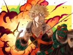  1boy 4o080_yotabnc bakugou_katsuki belt blonde_hair boku_no_hero_academia clenched_teeth commentary_request explosion explosive gauntlets gloves grenade highres looking_away male_focus red_eyes solo spiked_hair teeth two-tone_background utility_belt white_background yellow_background 