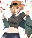  1girl ;d absurdres aviator_sunglasses bangs black_shirt blush breasts brown_hair collarbone commentary_request commission cowboy_shot crop_top cutoffs denim denim_shorts eyebrows_behind_hair eyewear_on_head girls_frontline green_jacket grizzly_mkv_(girls_frontline) groin hair_between_eyes highres holding holding_party_popper holding_string jacket large_breasts looking_at_viewer midriff navel off_shoulder one_eye_closed open_mouth party_popper purple_eyes shirt short_hair short_sleeves shorts simple_background skeb_commission smile solo standing string sunglasses taut_clothes taut_shirt teeth tsunami_samemaru white_background 