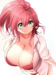  1girl ahoge bra breasts cleavage commentary cowboy_shot from_above green_eyes highres kay_yu large_breasts looking_at_viewer medium_breasts navel open_clothes open_shirt original panties pink-haired_girl_(kay_yu) pink_bra pink_hair pink_panties ponytail shirt smile solo underwear white_shirt 